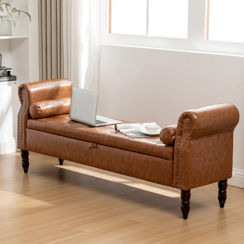 HOMYKA 66.9" Tufted Storage Bench with Rolled Arms Ottoman Long Bench