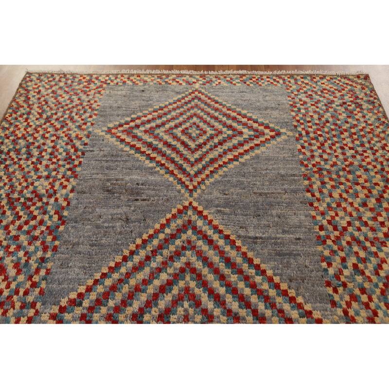 Hand Knotted Oriental 100% Wool Carpet Modern Geometric Greys & Charcoal Moroccan Area Rug - 9' 8'' X 6' 4''