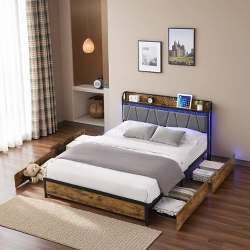King Size Platform Bed with LED Headboard, Charging Ports, and 4 Rolling Storage Drawers, Rustic Brown and Gray Finish - Black+Brown+Grey - King