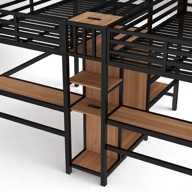 Twin Over Twin Metal Loft Bed with Dual Desks, Wardrobe, Charging Ports & Storage Shelves, Space-Saving Design for Kids & Teens