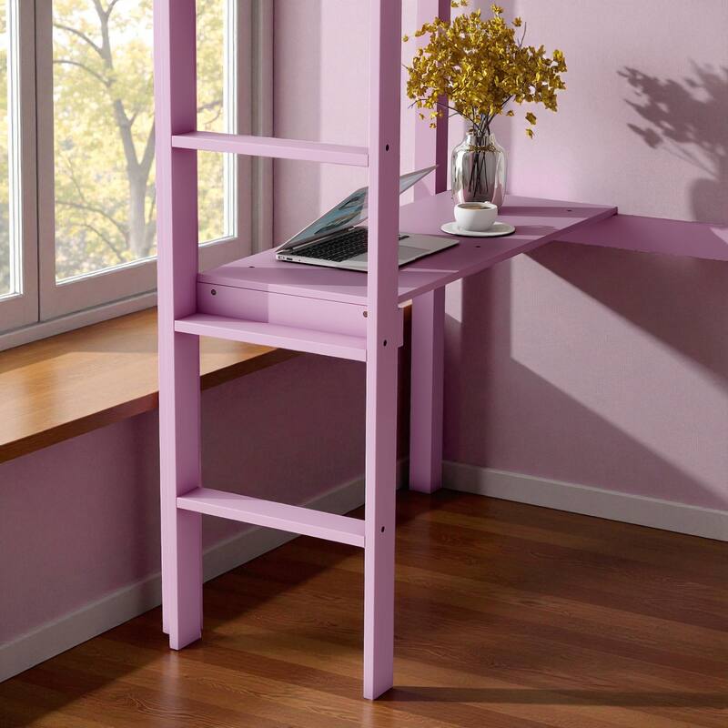 Twin Size Wooden High Loft Bed with Built-in Desk and Ladder, Solid Rubber Wood Loft Bed with Safety Guardrails