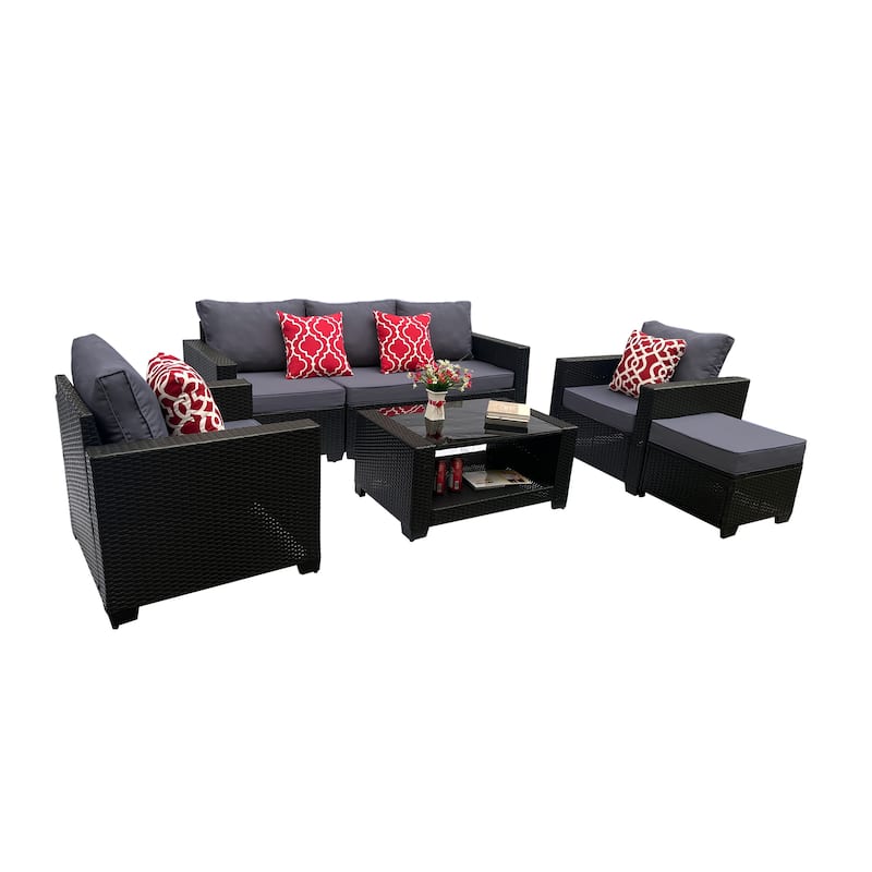 Outdoor Garden Patio Furniture 7-Piece PE Rattan Wicker Cushioned Sofa Sets with 2 Pillows and Coffee Table