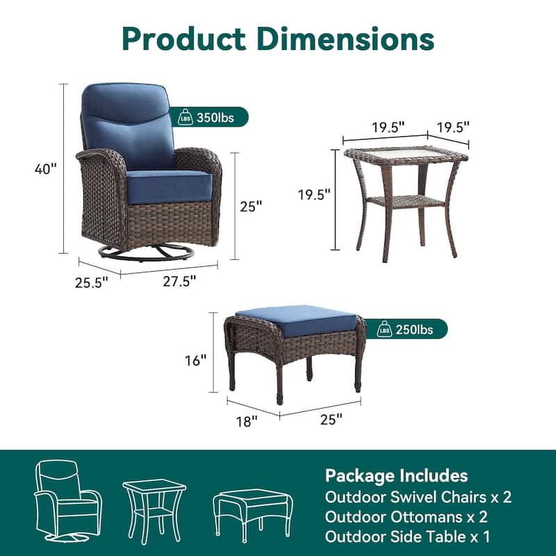 Pocassy Outdoor Sofa Swivel Chair and Ottman with Fire Pit Table