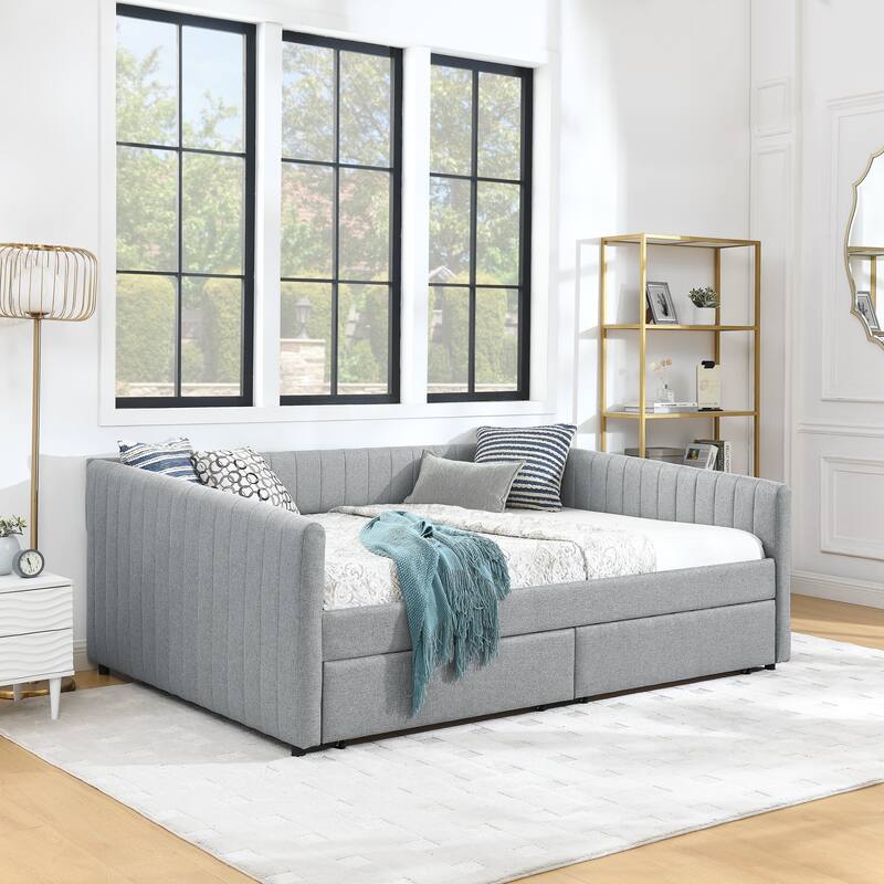 Queen Size Daybed with Two Drawers Trundle Upholstered Sofa Bed, with Vertical Stripes Linen Fabric, Grey (86.5"x65"x30")