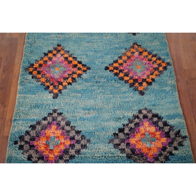 Plush Geometric Blue Moroccan Accent Rug Hand-Knotted Wool Carpet - 3'1" x 5'7"