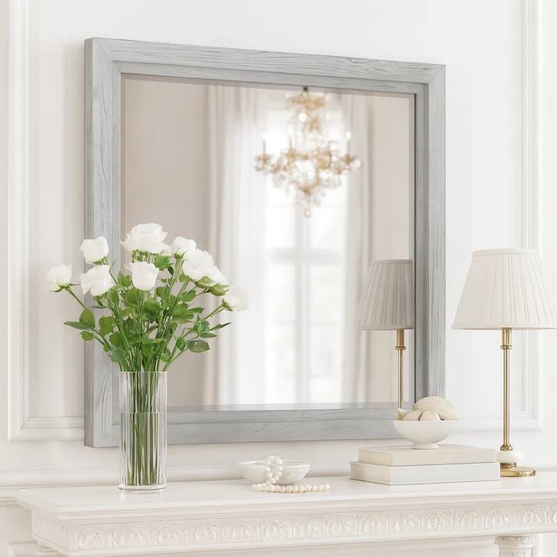 40 Inch Lou Rectangular Mirror, Wood Frame, Grain Details, Washed White