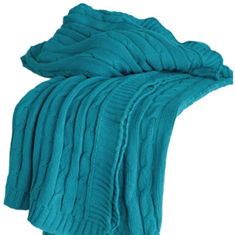 HomeRoots 50" X 60" Teal Blue Cotton Cable Knitted Striped Throw Blanket