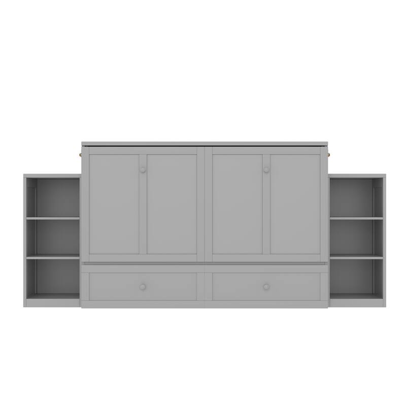Foldable Wall Cabinet Queen Murphy Bed with Drawers and Open Shelves