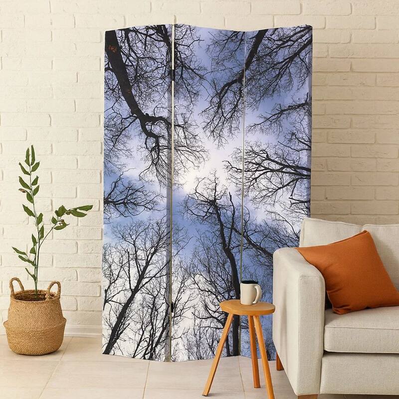 3 Panel Foldable Canvas Screen with Tree Print, Black - 6 x 12
