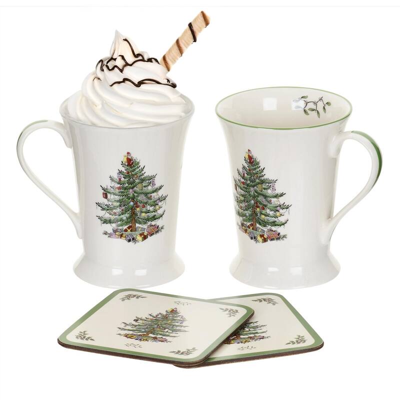 Pimpernel Christmas Tree Mug and Coaster Set - 4 Piece - 4" L x 4" W - Green