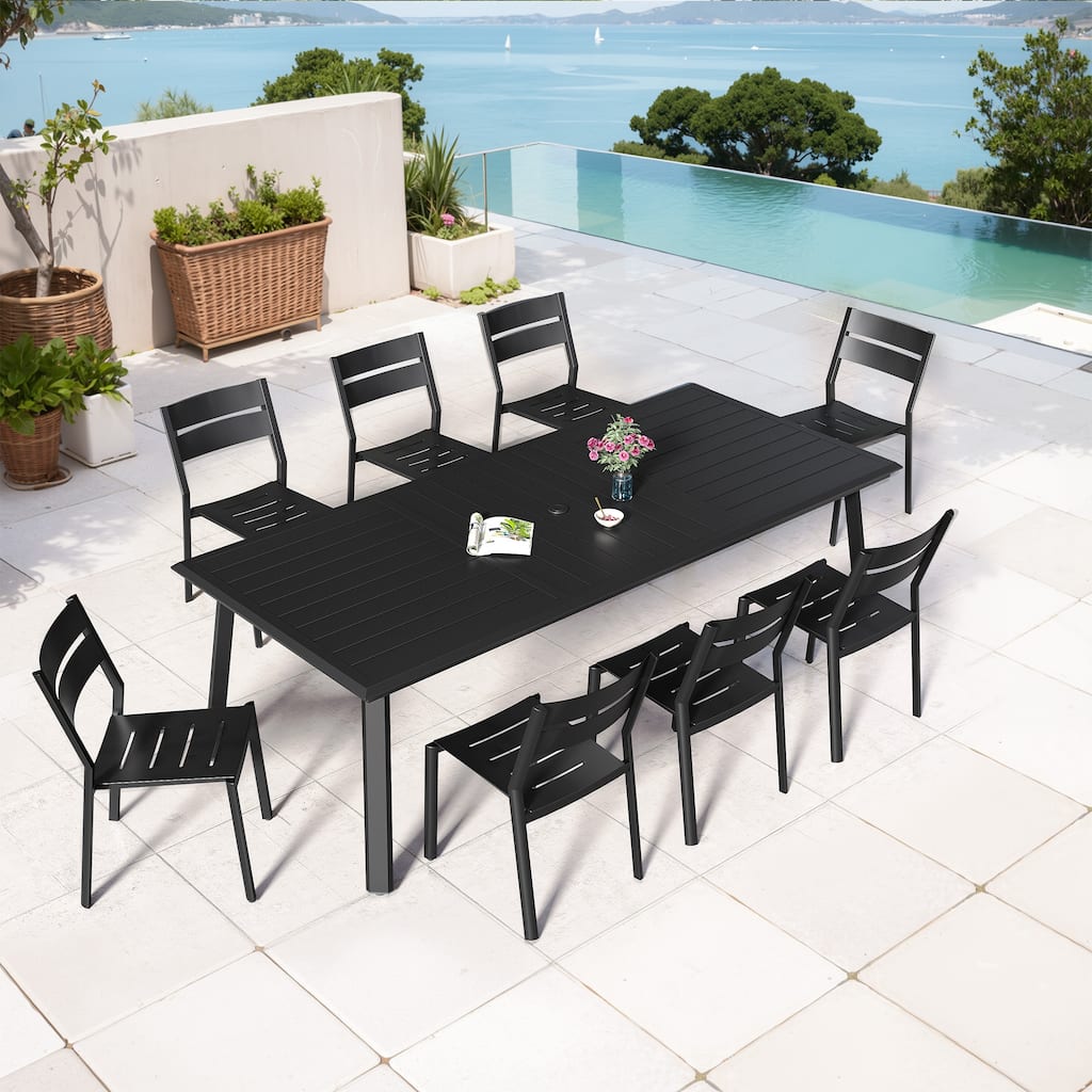 VredHom 9-PC Outdoor Aluminum Dining Sets Table with Stackable Chairs Umbrella Hole