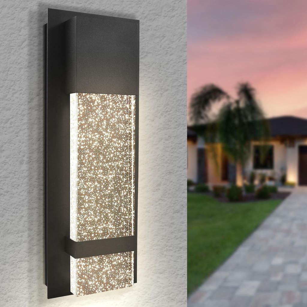 Luxrite Modern LED Outdoor Wall Light, Seeded Bubble Glass Wall Sconce, 3CCT 3000K 4000K 5000K, 14 Inch, 12W, Black...
