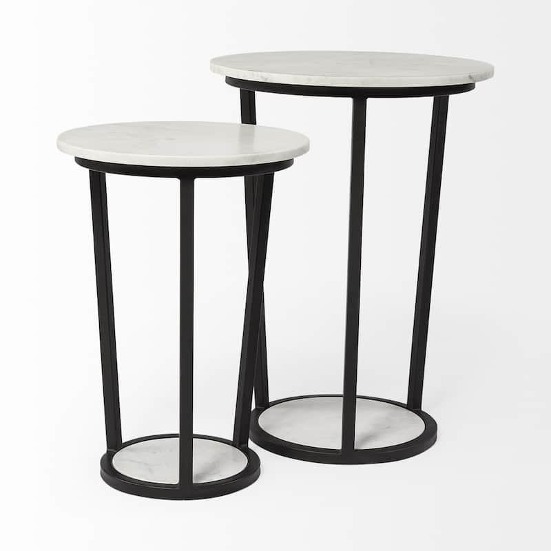 Black Metal End Table with White Marble Top and Abstract Round Base - 15” x 15” x 20.9” (D x W x H)