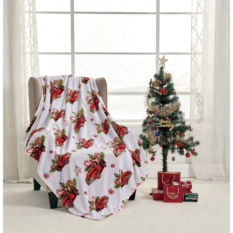 NobleHouse Happy Holidays Microplush Throw Blanket (50'' x 60'') - Red Pickup Truck
