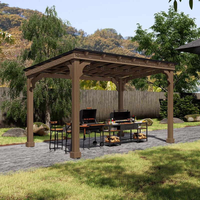 VEIKOUS Wood BBQ Grill Gazebo with Steel Roof for Patio Garden Backyard and Lawn - 10'×12'