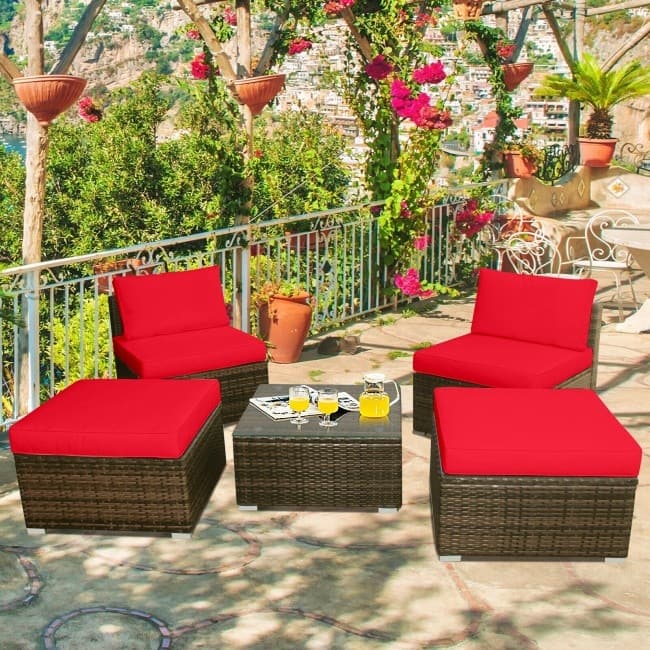 5 Pieces Wicker Lounge Chair Set with Washable Zippered Cushions - 26" x 26" x 13.5" (L x W x H)