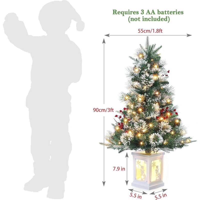 3 Ft Artificial Pre-Lit Christmas Tree with Snowflakes and Red Berries