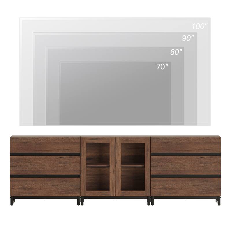 3 In 1 TV Stand for Tvs Up to 100 Inch, Modern TV Console with Glass Doors and 6 Drawers, Entertainment Center for Living Room
