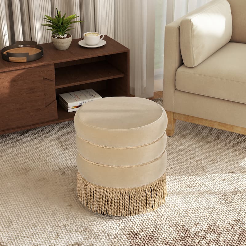 Edward 17.5" Round Upholstered Ottoman with Gold Bullion Fringe