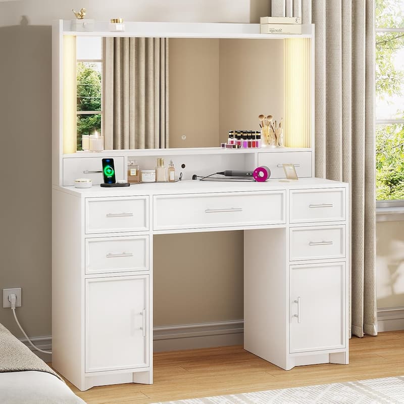 Makeup Vanity Desk Large 35" HD Lighted Mirror Vanity Table 7 Drawers