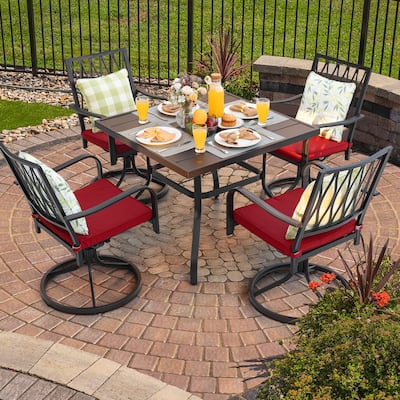 Outdoor 5-Piece Dining Set for Square Iron Umbrella Dining Table and Cushioned Swivel Chairs