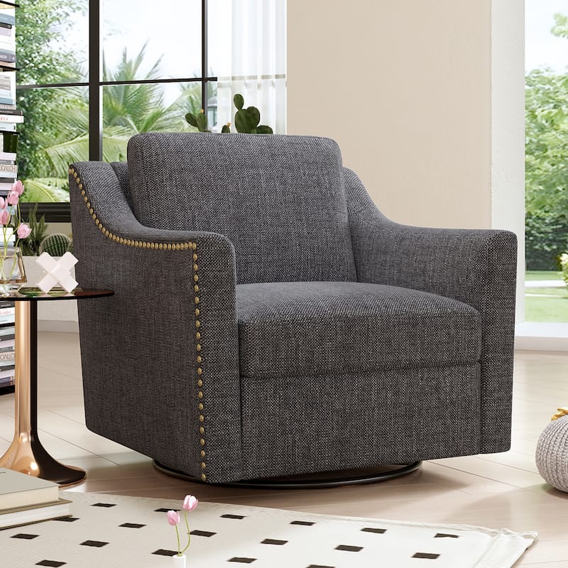 360 Degree Swivel Armchair Cotton Linen Skin-friendly Fabric Ergonomic Design Brass Nail Decorative - Black