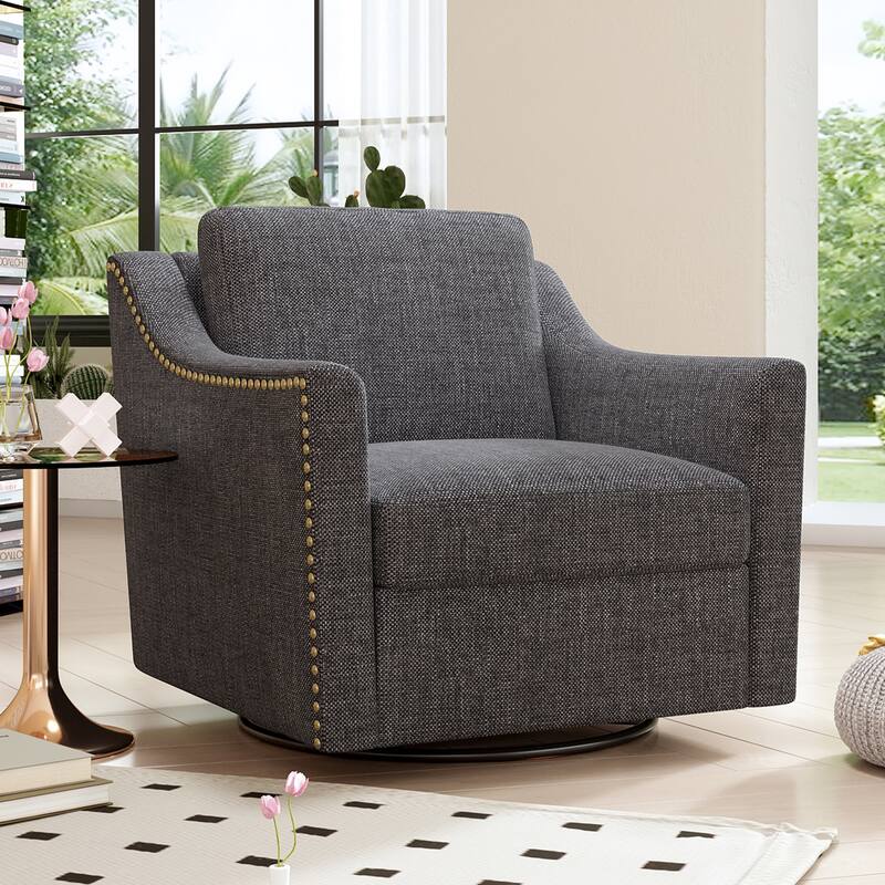 360 Degree Swivel Armchair Cotton linen skin-friendly fabric Ergonomic design Brass nail decorative armchair Living room - Black