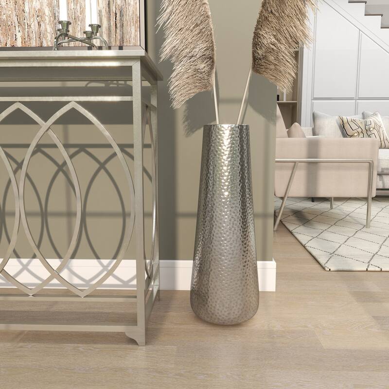 Silver Aluminum Metal Tall Hammered Vase