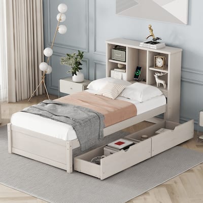 Modern Twin Bed Frame with Built-in USB Port, Bookcase Headboard, 2 Drawers, White Washed