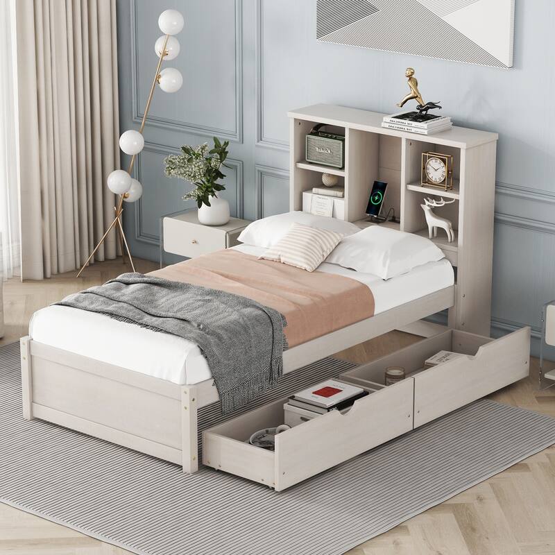 Modern Twin Size Bed Frame with USB Port, Bookcase Headboard & 2 Drawers in White Washed Finish - White Washed