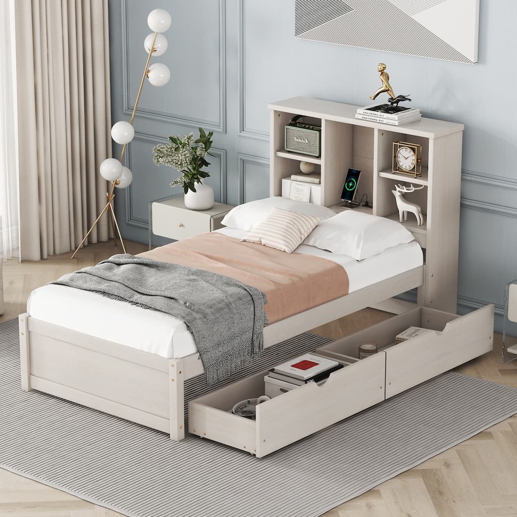 Modern Twin Size bed Frame With Built-in USB Port on Bookcase Headboard and 2 Drawers for White Washed Color