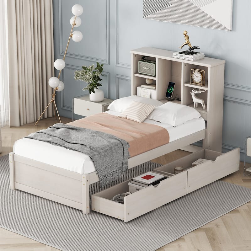 Twin Size Platform Bed Frame with Drawers and Shelves, Bookcase Headboard with Built-in USB Port, Space-saving Slat Bed - Washed White - Twin