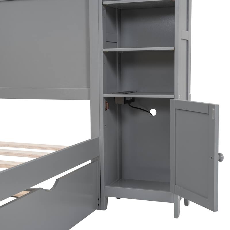 Wood Platform Bed Frame with All-in-One Cabinet and Shelf