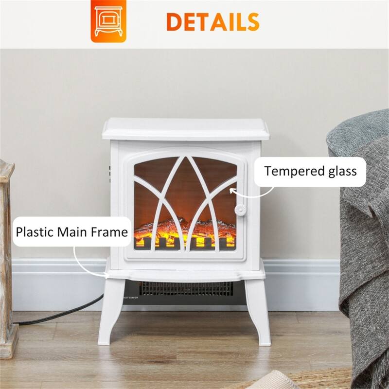 White Electric Fireplace Stove with Tempered Glass and 2 Heat Settings 323 Sq. Ft. Coverage - 14.25" W x 9.5" D x 18" H