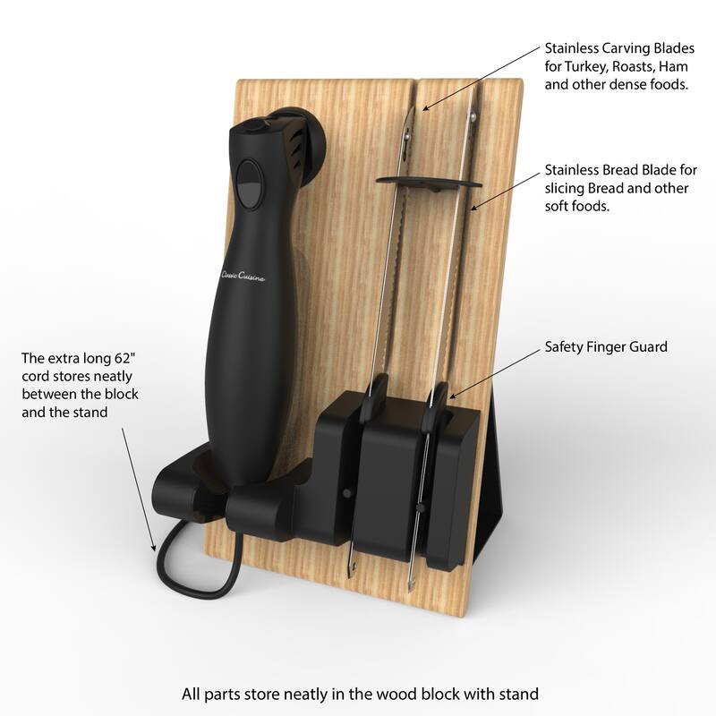 Electric Carving Knife Set - 2 Stainless-Steel Blades, Comfort Grip Handle, and Wood Storage Block by Classic Cuisine