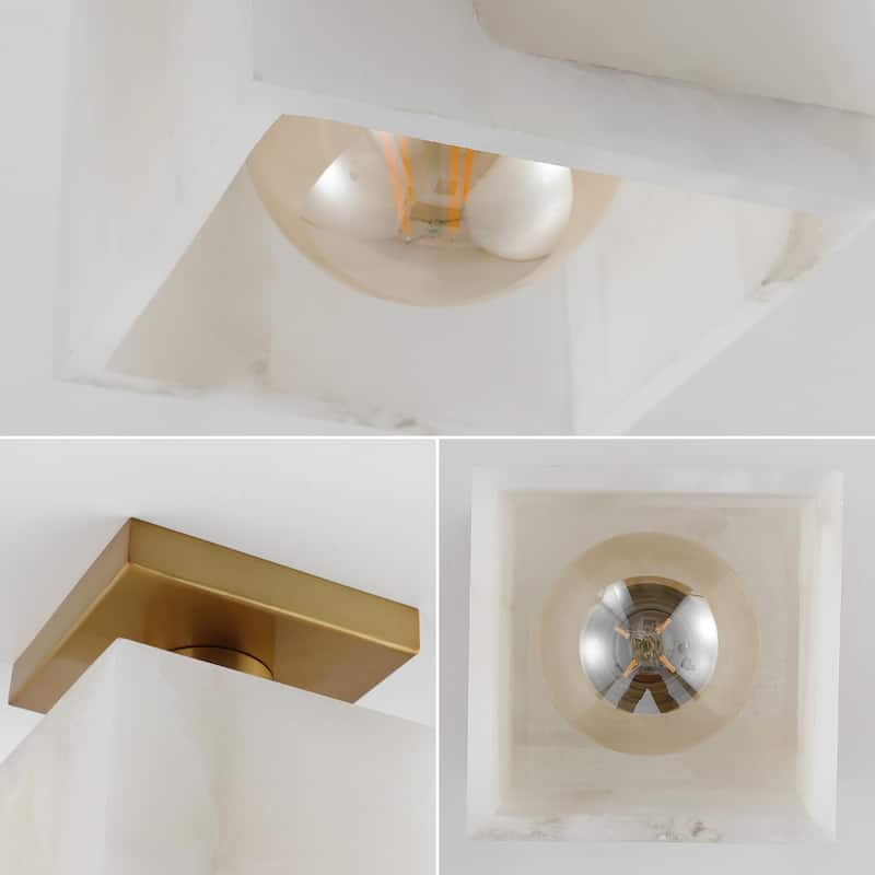 Chiara 5" 1-Light Modern Contemporary Alabaster/Iron Cube LED Semi Flush Mount, White Marbling/Brass Gold by JONATHAN Y