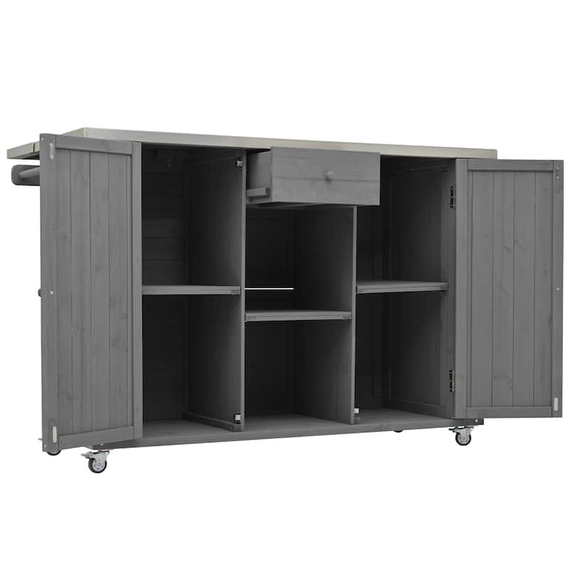 Roomfitters Outdoor Fir Wood Kitchen Island with Stainless Steel Top Towel & Spice Racks Bottle Opener