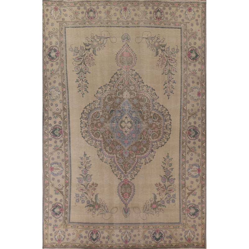 Distressed Geometric Tabriz Persian Rug Hand-knotted Wool Carpet - 9'8" x 12'11"