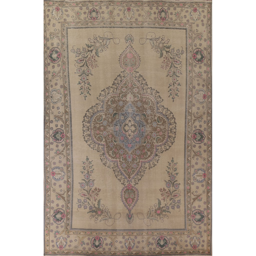 Distressed Geometric Tabriz Persian Rug Hand-knotted Wool Carpet - 9'8" x 12'11"