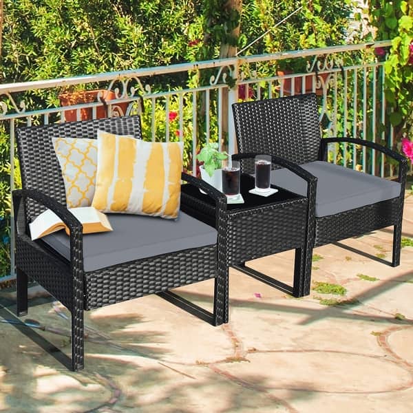 slide 2 of 10, Gymax 3PCS Patio Rattan Conversation Furniture Set Outdoor Yard w/ - See Details Black+Grey - See Details
