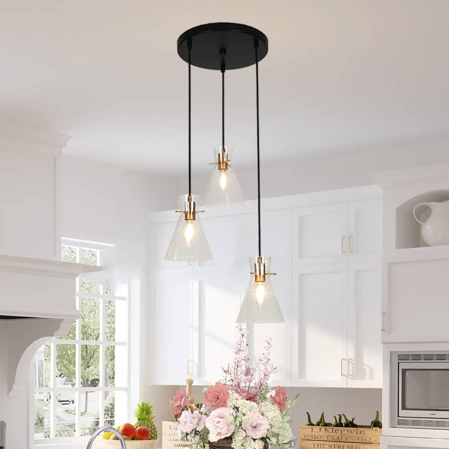 Liniya Modern Farmhouse 3-light Cluster Kitchen Island Pendant Black Gold Elegant Abstract Seeded Glass Ceiling Lights DIY