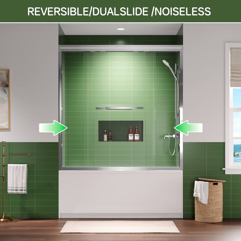 60x60 Sliding Tub Shower Door, Double Bypass, 6mm Tempered Glass, Bright Aluminum Frame, Hidden Rollers, 4 in Adjustable