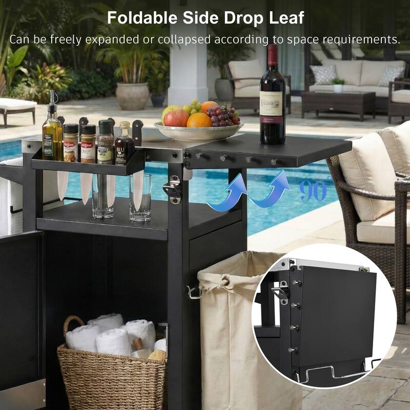 Anmytek Mobile BBQ Grill Cart Pizza Oven Table with Drop Leaf, Stainless Steel Top, and Storage for Outdoor Kitchen and Patio
