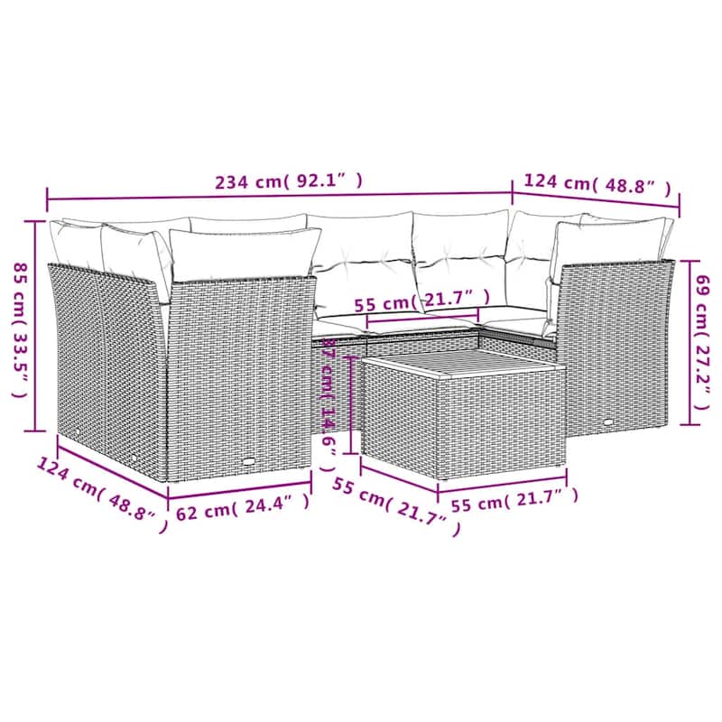 vidaXL Patio Sofa Set with Cushions Outdoor Furniture 7 Piece Poly Rattan - 21.7 x 21.7 x 14.6