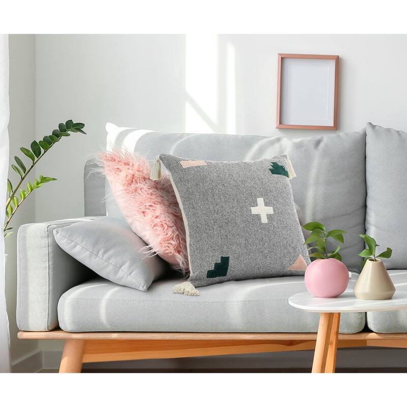 20" Gray and Black Geometric Patchwork Square Throw Pillow with Tassels