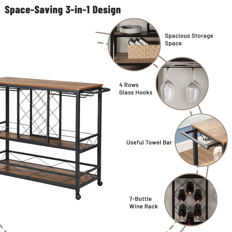 Myhozm Mobile Bar Cart Rolling Kitchen Serving Cart with Wine Bottle Rack