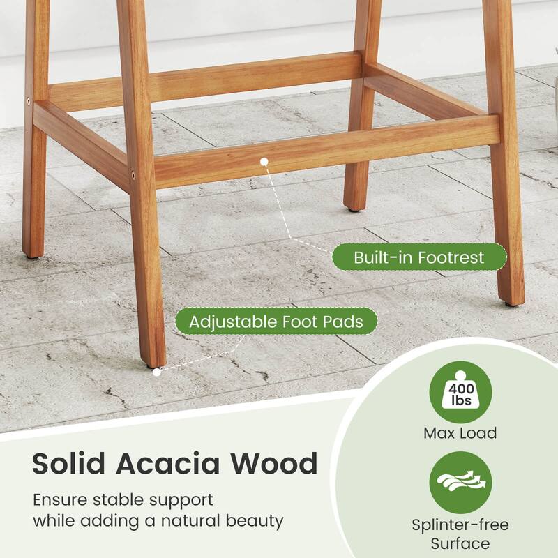 Set of 2 Patio Counter Height Bar Stools Outdoor Wood Bar Chairs