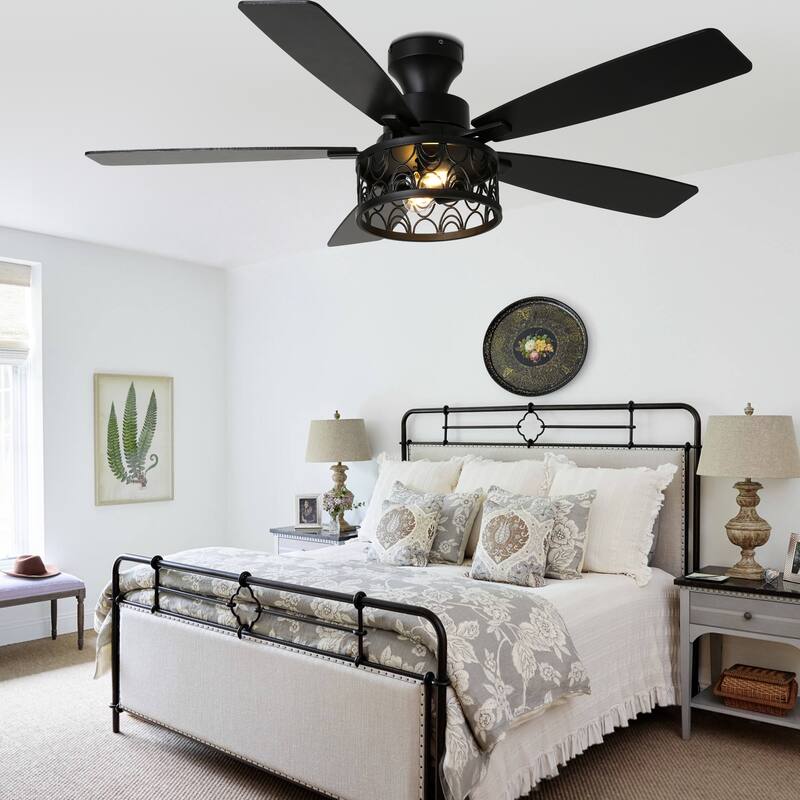 Bella Depot 52" Black Modern Flush Mount Ceiling Fan with Light and Remote