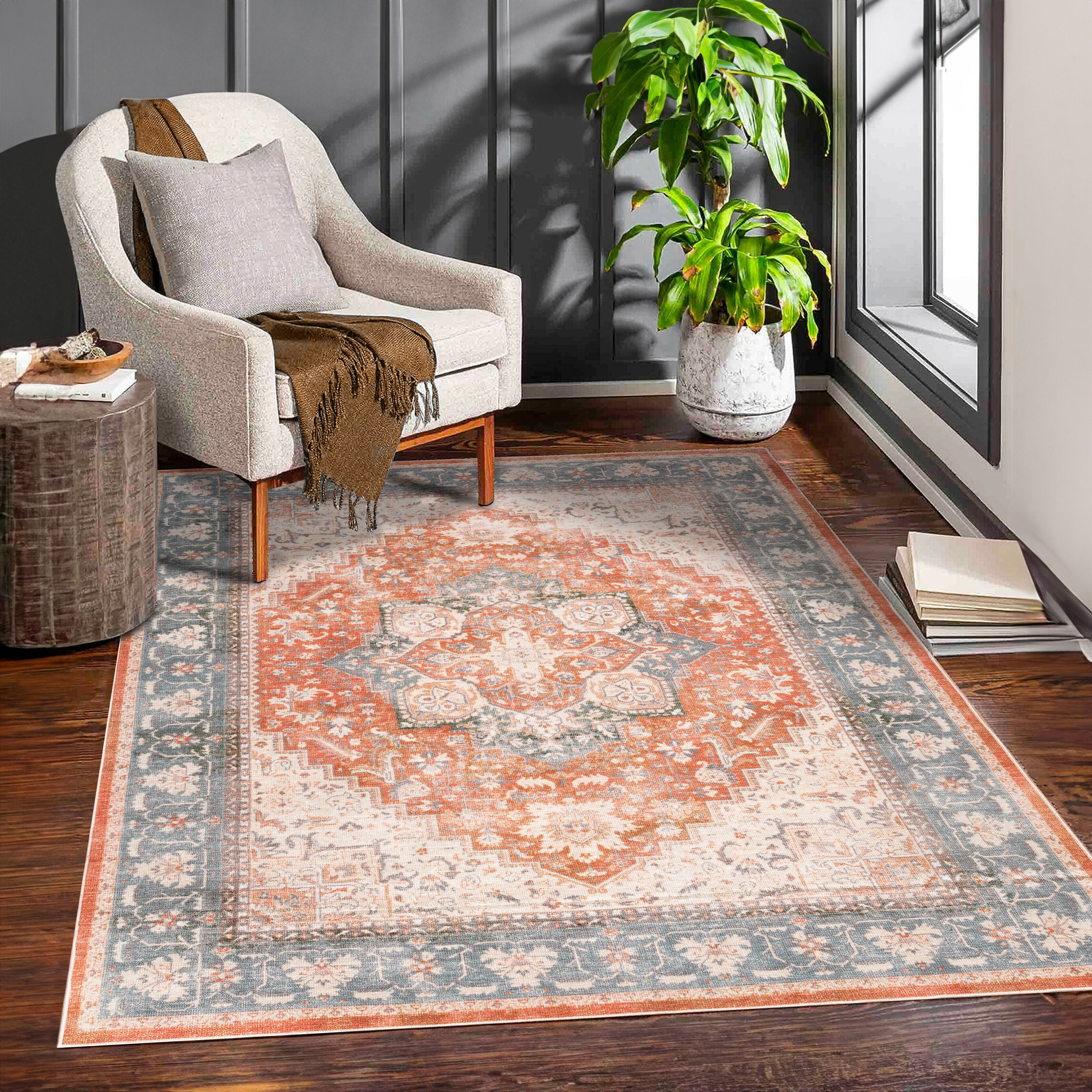 MDA Rugs Machine Washable Collection Rust/Grey/Blue Medallion Area Rug