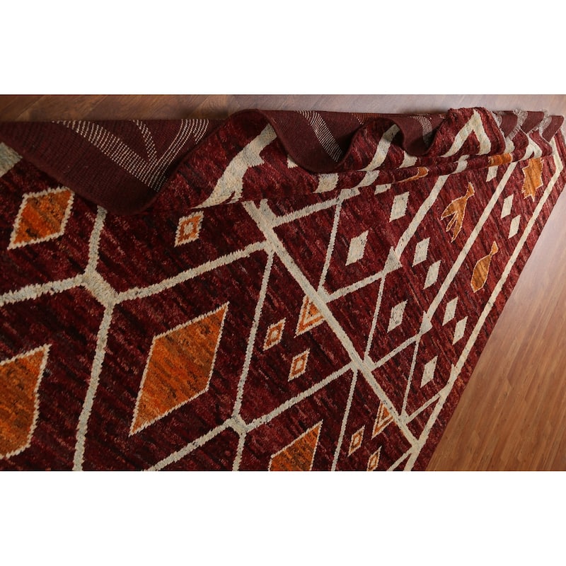 Hand Knotted Oriental 100% Wool Carpet Modern Geometric Red Moroccan Area Rug - 9' 10'' X 6' 8''